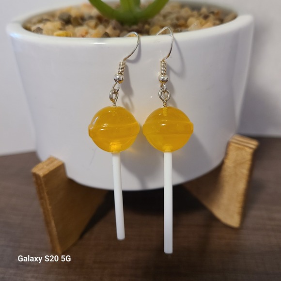 Handmade Yellow Lollipop Dangle Earrings Funky Novelty Jewelry Gift NWOT - Picture 1 of 3
